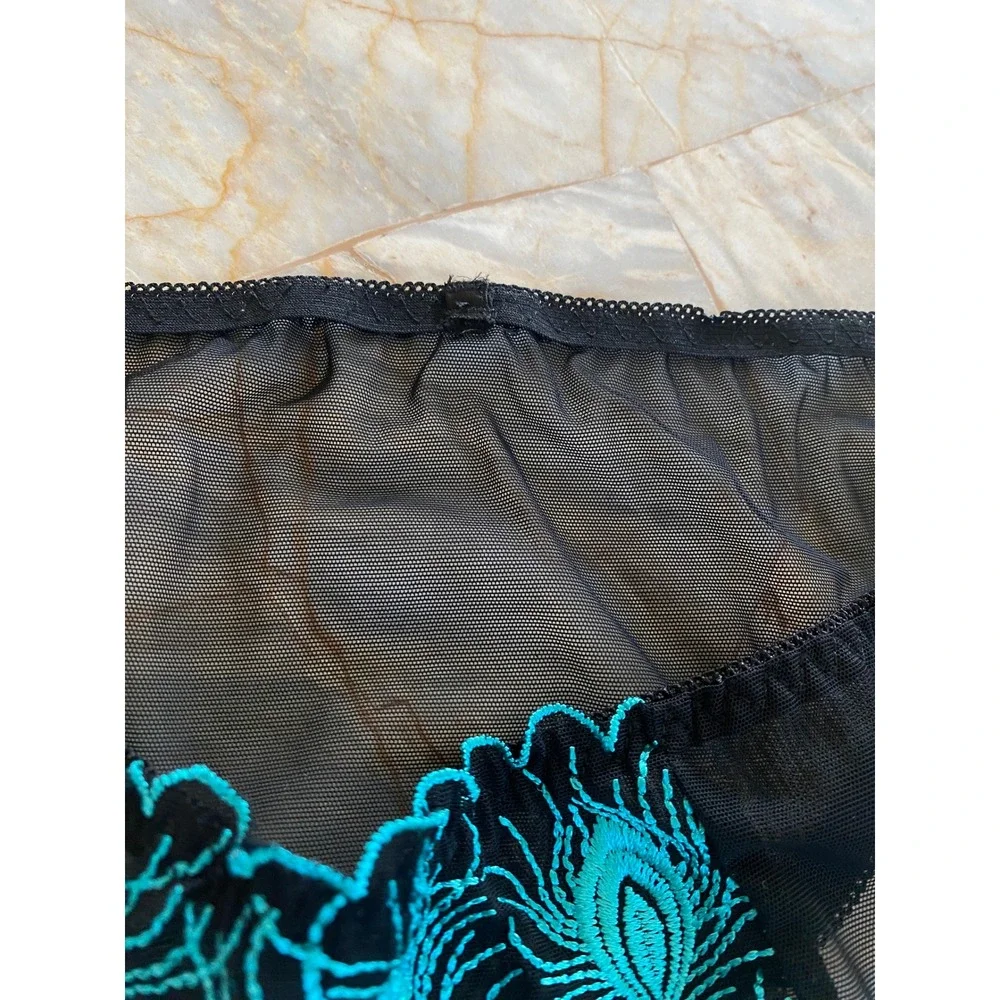 Black Sheer Mesh Bikini Panty Teal Peacock Feather Embroidered Lingerie Mid Rise